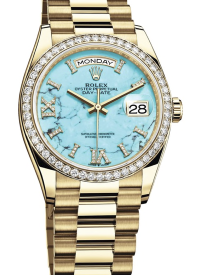 18 ct gold watch with President bracelet and turquoise dial with day and date. Hands are 18 ct gold. Hour Markers are in Roman Numerals set in gold. The Dial says Rolex Day Date.