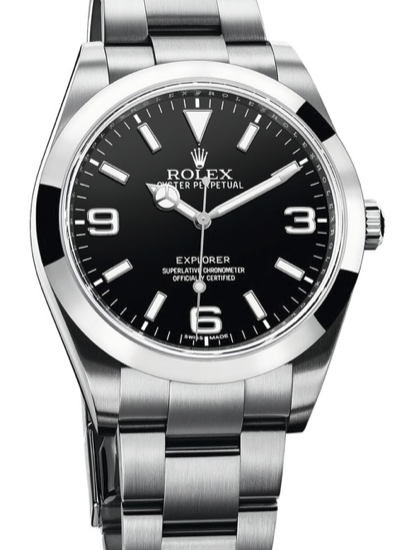Stainless Steel Rolex Watch with Black Dial with Oystershell Case. On the face it says Explorer and there are three large numerals at the 3,6,9 position. Also says Superlative Chronograph Officially Certified.