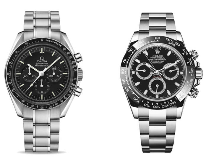 Thumbnails of two stainless steel chronographs with black dial faces. One is the Omega Moonwatch, the other the Rolex Daytona