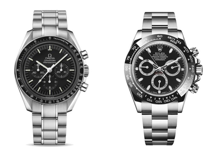 Thumbnails of two stainless steel chronographs with black dial faces. One is the Omega Moonwatch, the other the Rolex Daytona