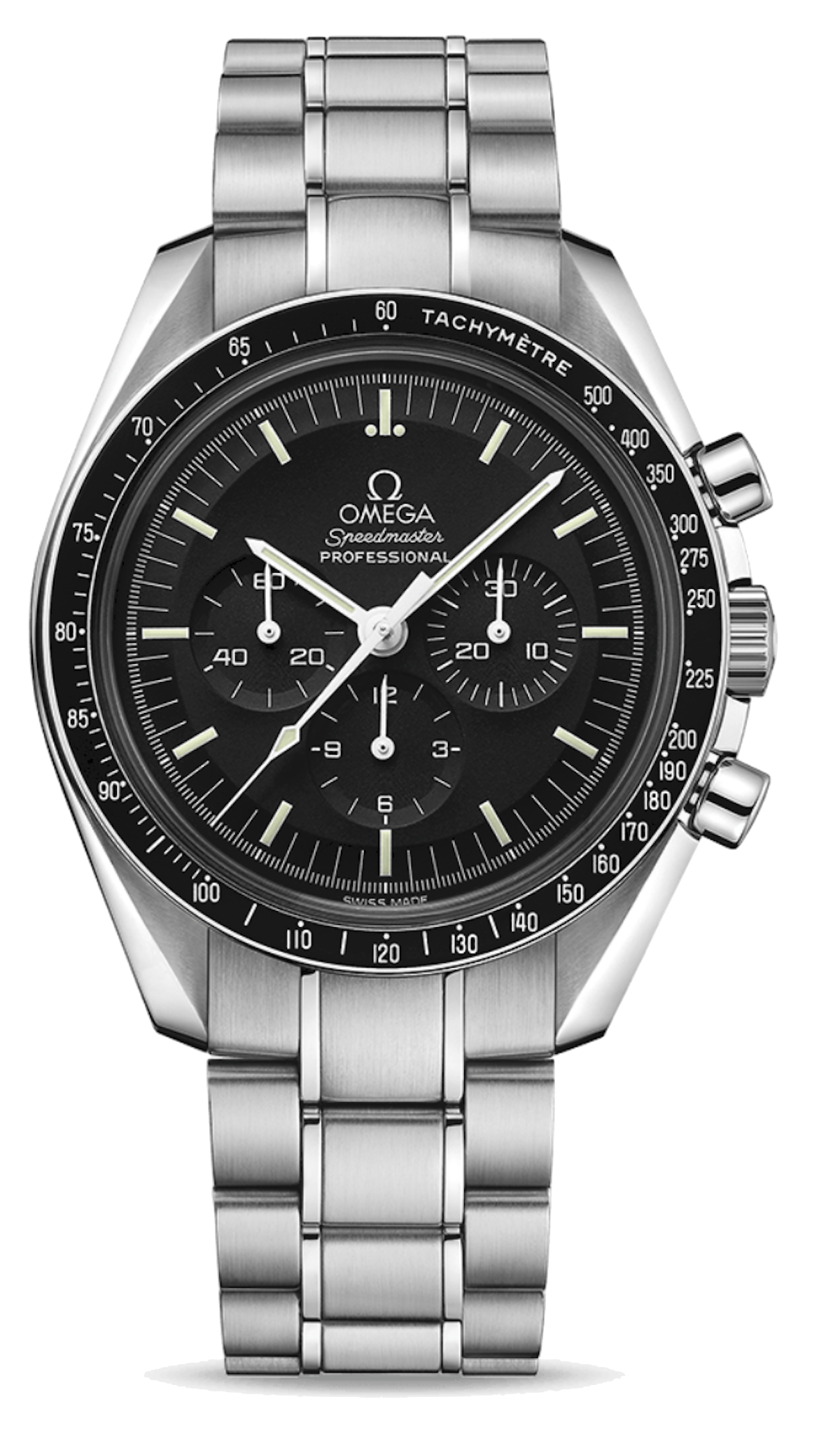 Black Dial watch with stainless steel bezel and clear back. On the Face of the dial it says Omega Sped Master Professional