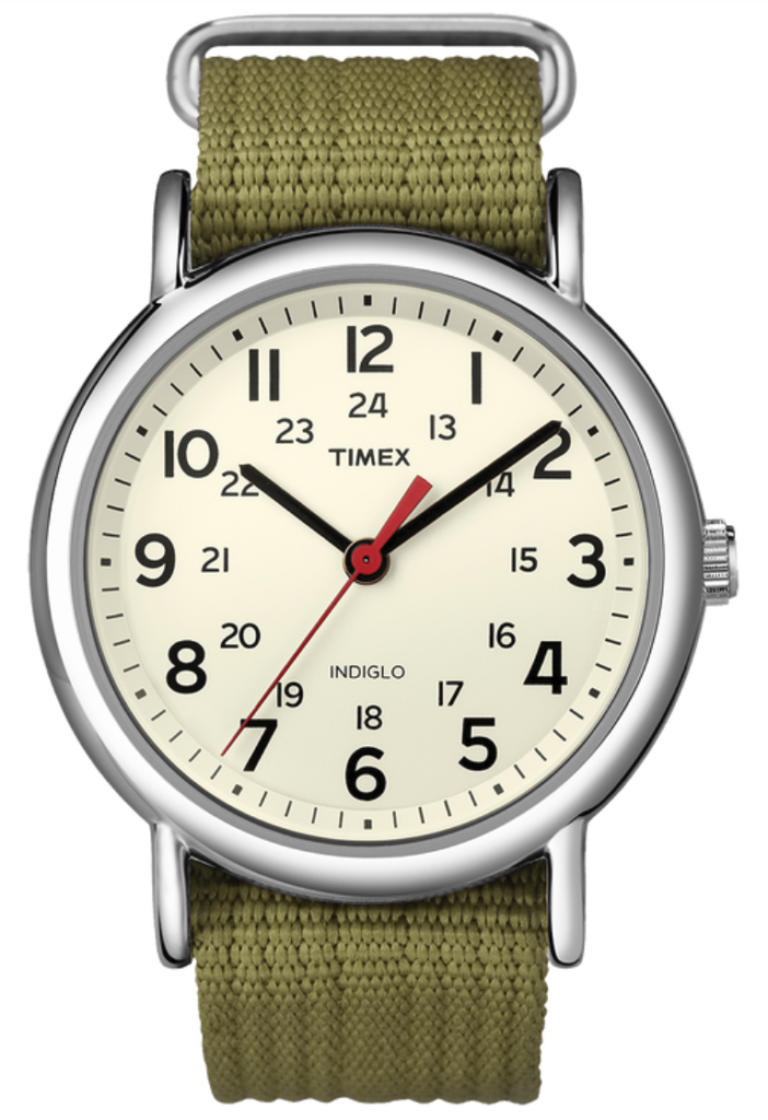 silvertone bezel watch with numbers and second hand military time and olive strap