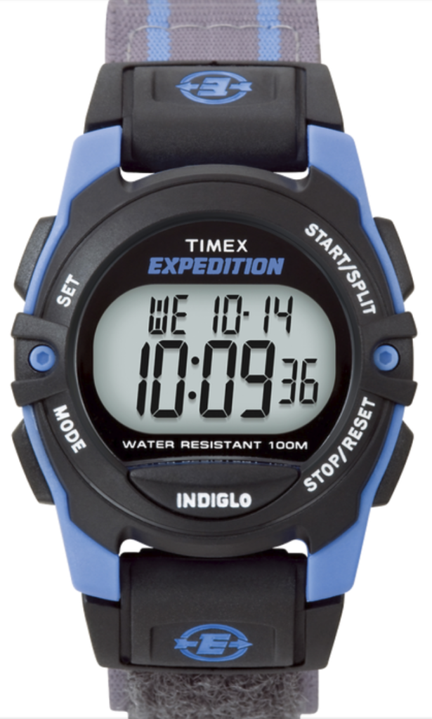 Blue resin digital watch with Indiglo light chronograph and timers