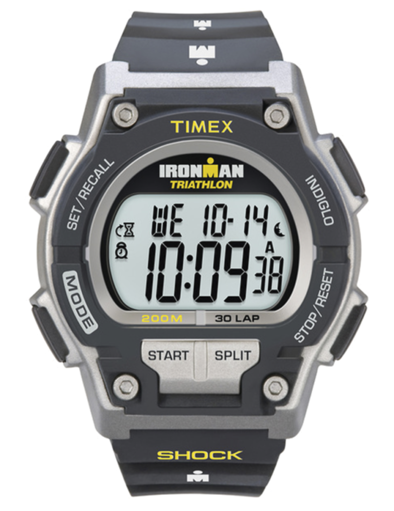 rugged black and grey resin match with digital face showing time date and seconds with words ironman triathlon