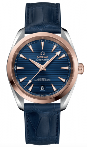 Blue Dial Watch Face and Blue Leather Straps Rose Gold bezel Omega Seamaster