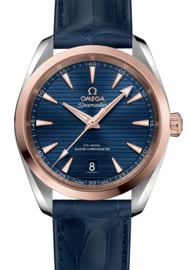 Blue Dial Watch Face and Blue Leather Straps Rose Gold bezel Omega Seamaster
