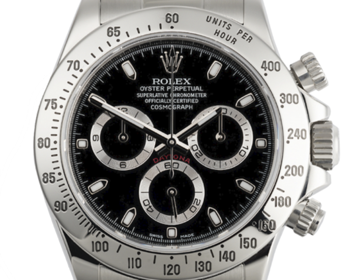 Oystersteel 40 mm black dial watch with a tachymeter on the bezel the dial says Rolex Cosmograph Daytona