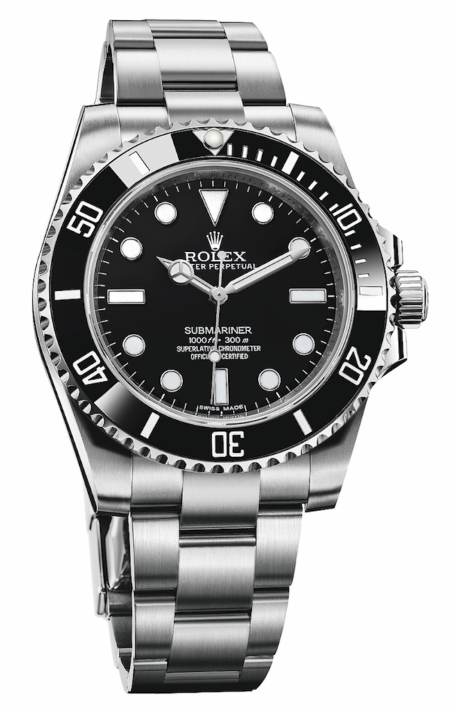 Black Watch Dial and Bezel with Platinum Markings. Rolex Submariner with stainless bracelet.