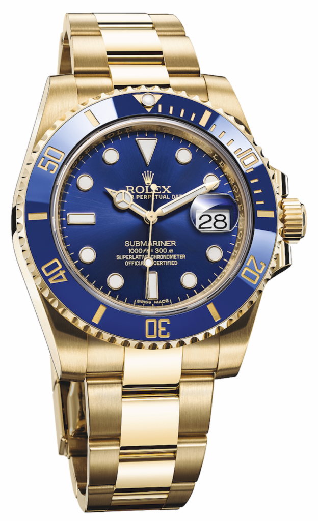 Blue Watch Dial and Bezel with Gold Markings. Rolex Submariner with gold three link bracelet.