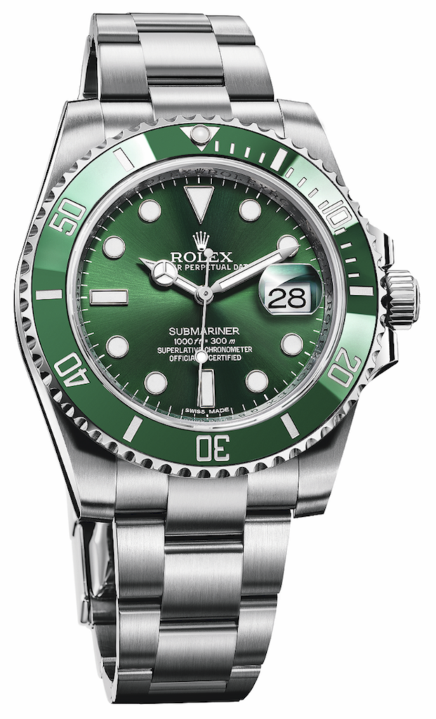 Green Watch Dial and Bezel with Platinum Markings. Rolex Submariner with stainless bracelet.
