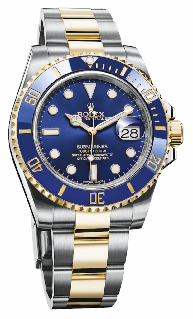 Blue Watch Dial and Bezel with Gold Markings. Rolex Submariner with stainless and gold three link bracelet.