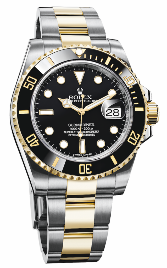 Black Watch Dial and Bezel with Gold Markings. Rolex Submariner with stainless and gold three link bracelet.