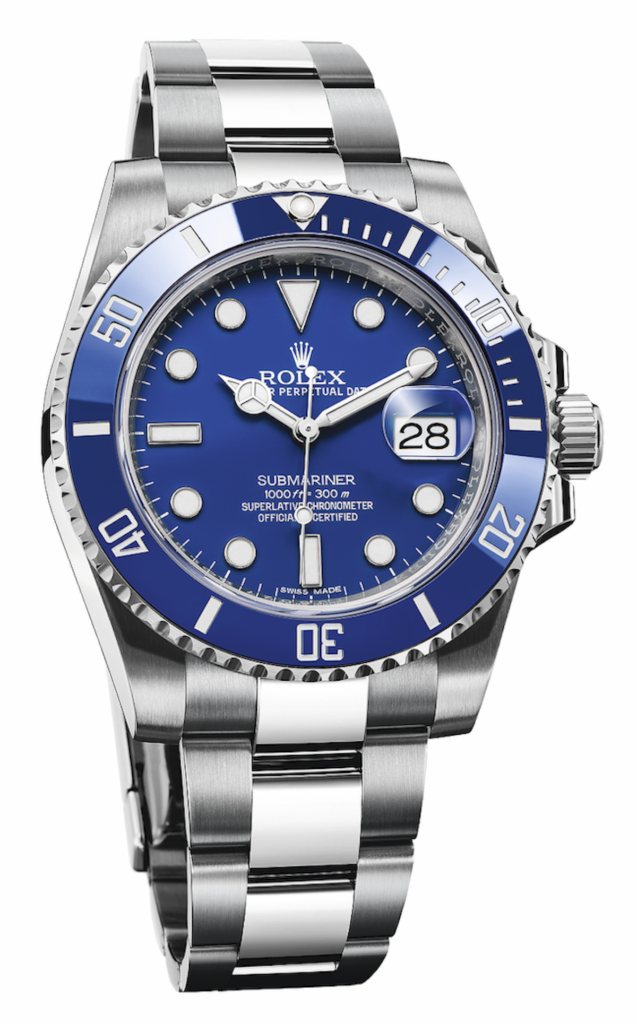 Blue Watch Dial and Bezel with Platinum Markings. Rolex Submariner with stainless bracelet.